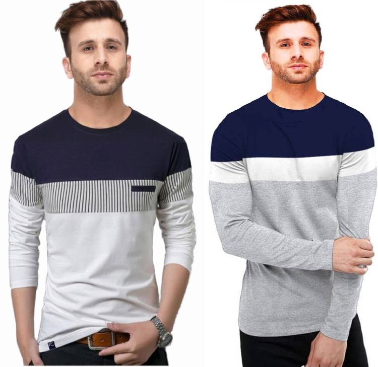 Solid Men Round Neck Dark Blue, White, Grey T-Shirt