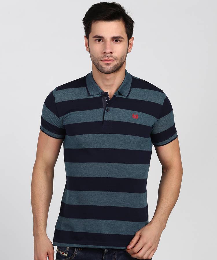 Striped Men Polo Neck Dark Blue, Blue T-Shirt