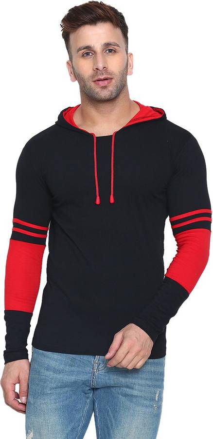 Color Block Men Hooded Neck Red, Black T-Shirt Price in India