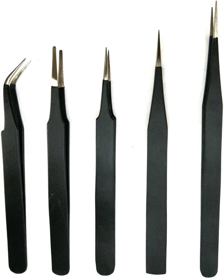 RIVER FOX 5 Pieces Pack Black Coated Stainless Steel Non Magnetic Tweezers Price in India