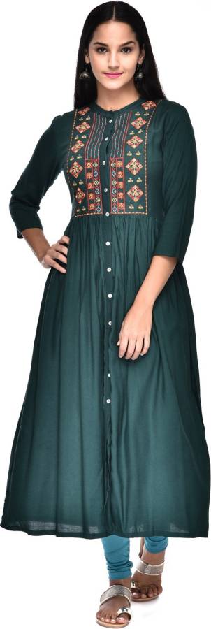 Women Embroidered Cotton Rayon Blend A-line Kurta Price in India