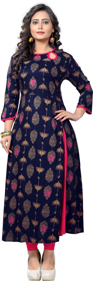 Women Printed Rayon Frontslit Kurta Price in India