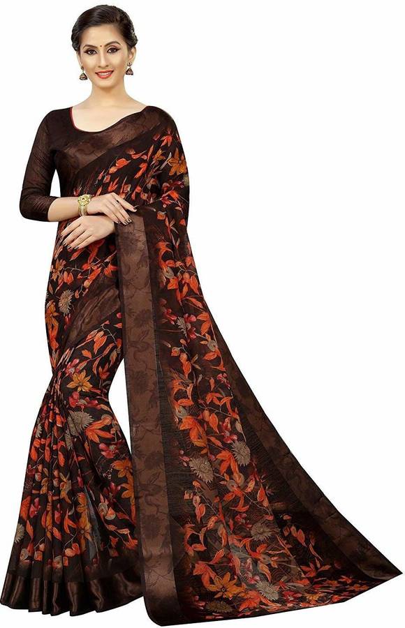 Floral Print Fashion Cotton Linen Blend Saree