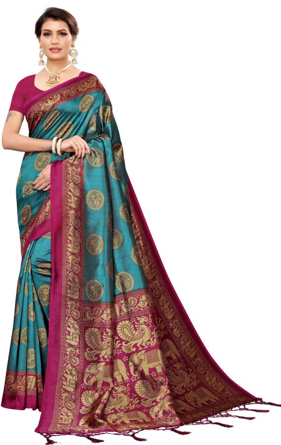 Animal Print, Geometric Print, Printed Mysore Cotton Silk, Art Silk Saree