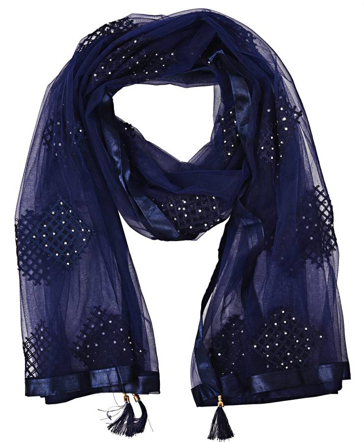 Net Embroidered Dark Blue Women Dupatta