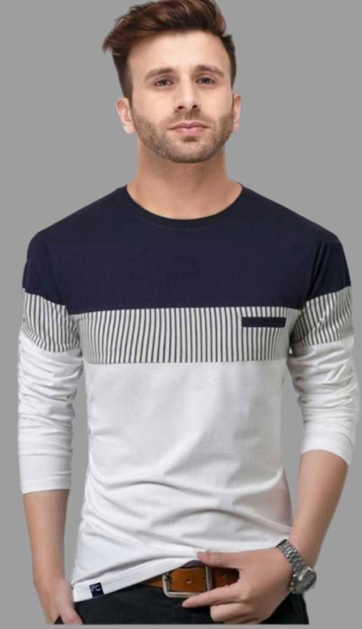 Striped Men Round Neck White, Blue T-Shirt