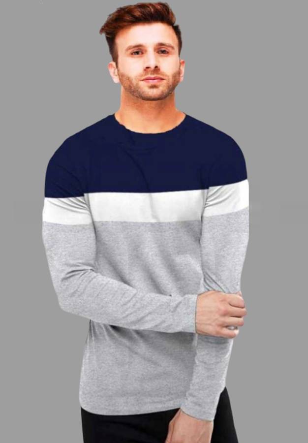 Solid Men Round Neck Blue, Grey T-Shirt