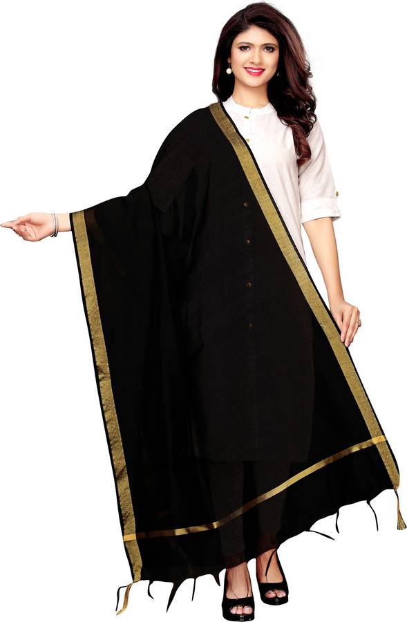 Cotton Silk Embellished, Solid Black Women Dupatta