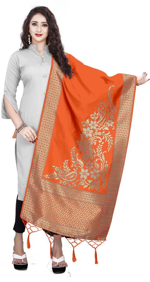 Art Silk Woven Orange Women Dupatta