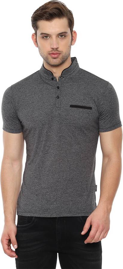 Textured Men Henley Neck Grey T-Shirt