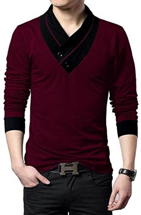 Color Block Men V-neck Maroon T-Shirt