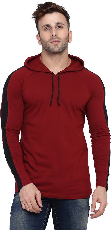 Solid Men Hooded Neck Maroon T-Shirt