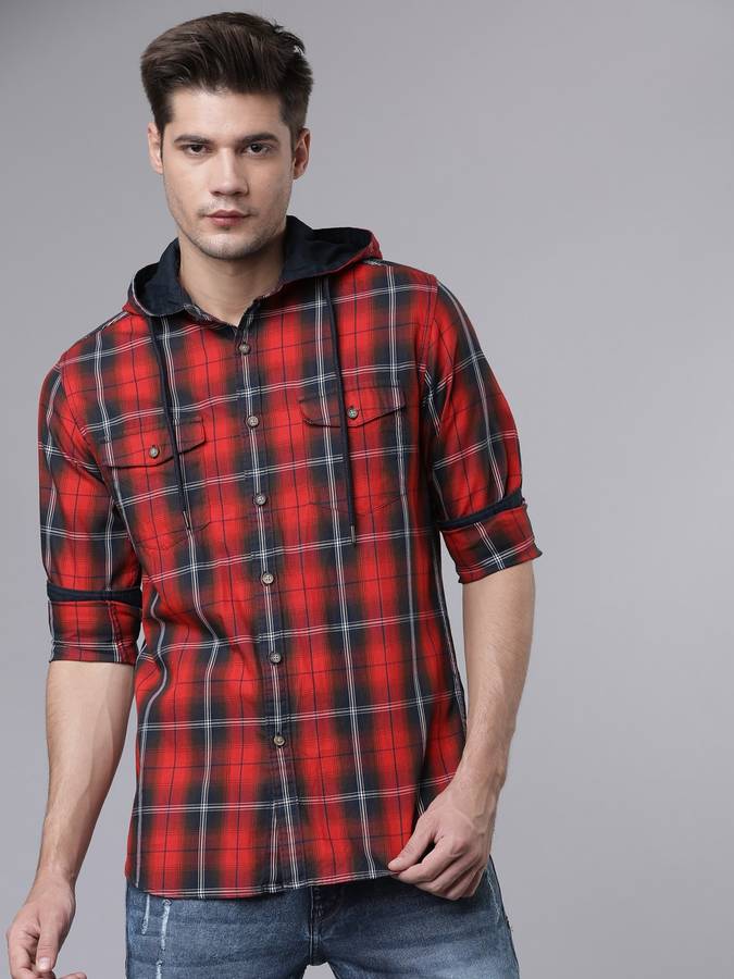 Men Checkered Casual Hood Shirt