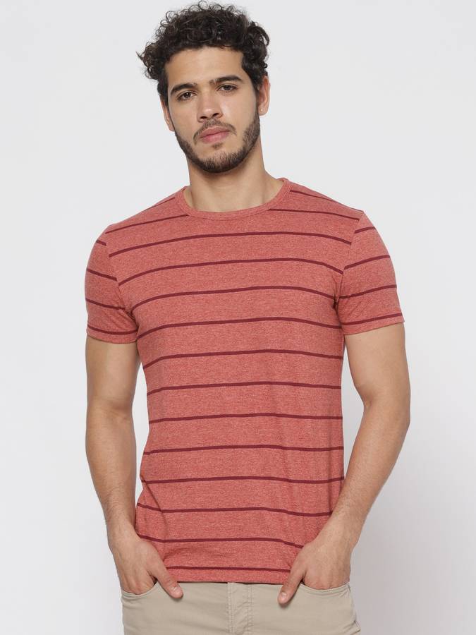 Striped Men Round or Crew Red T-Shirt