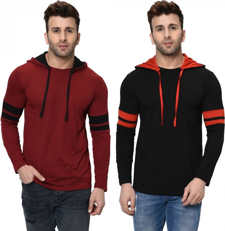 Printed Men Hooded Neck Red, Maroon, Black T-Shirt