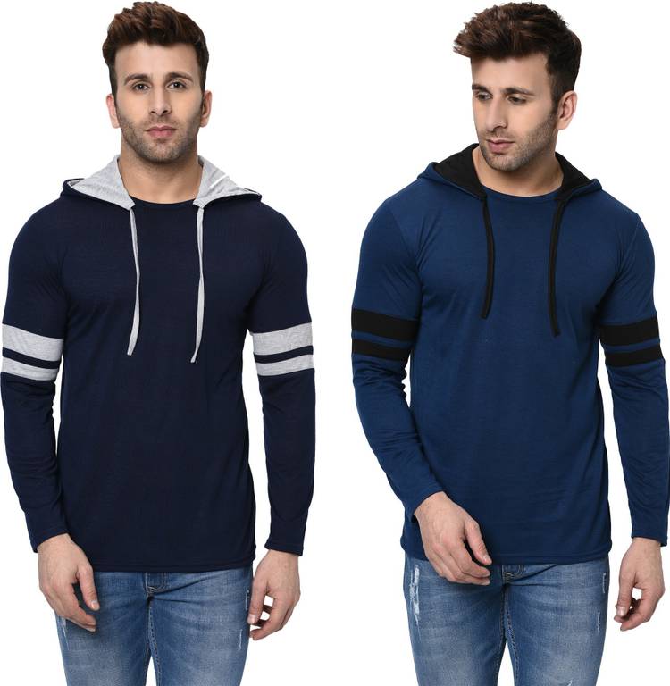 Color Block Men Hooded Neck Dark Blue, Blue T-Shirt