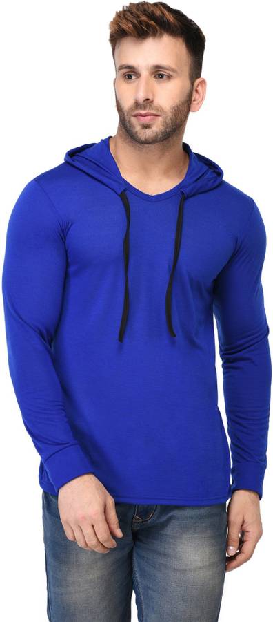 Solid Men Hooded Dark Blue T-Shirt