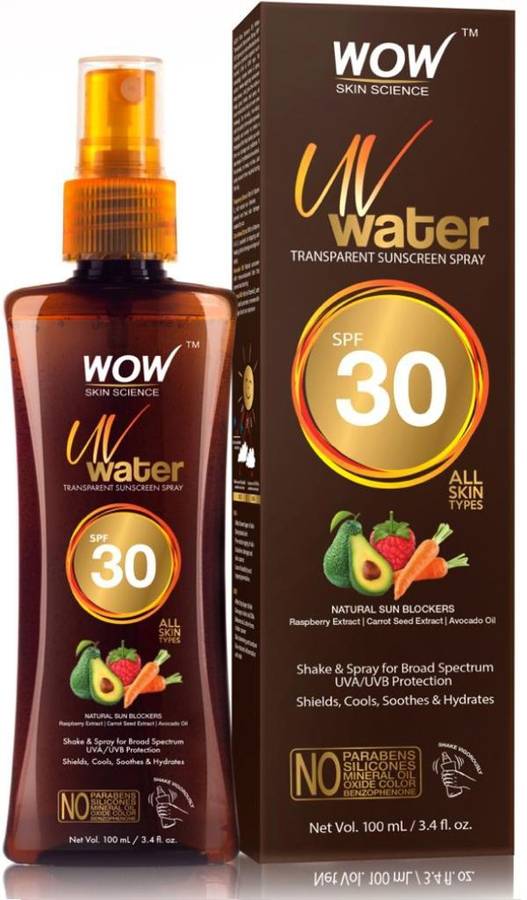 WOW Skin Science UV Water Transparent Sunscreen Spray SPF 30 - with Raspberry Extract, Carrot Seed Extract, Avocado Oil - No Parabensm Siliconesm Mineral Oil, Oxide, Color & Benzophenone - 100mL - SPF 30 Price in India