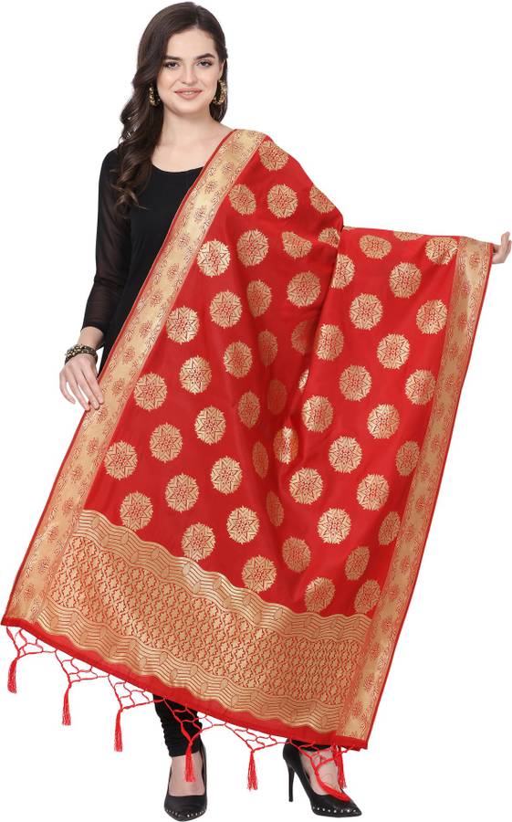 Pure Silk, Polycotton Embellished, Woven Red Women Dupatta
