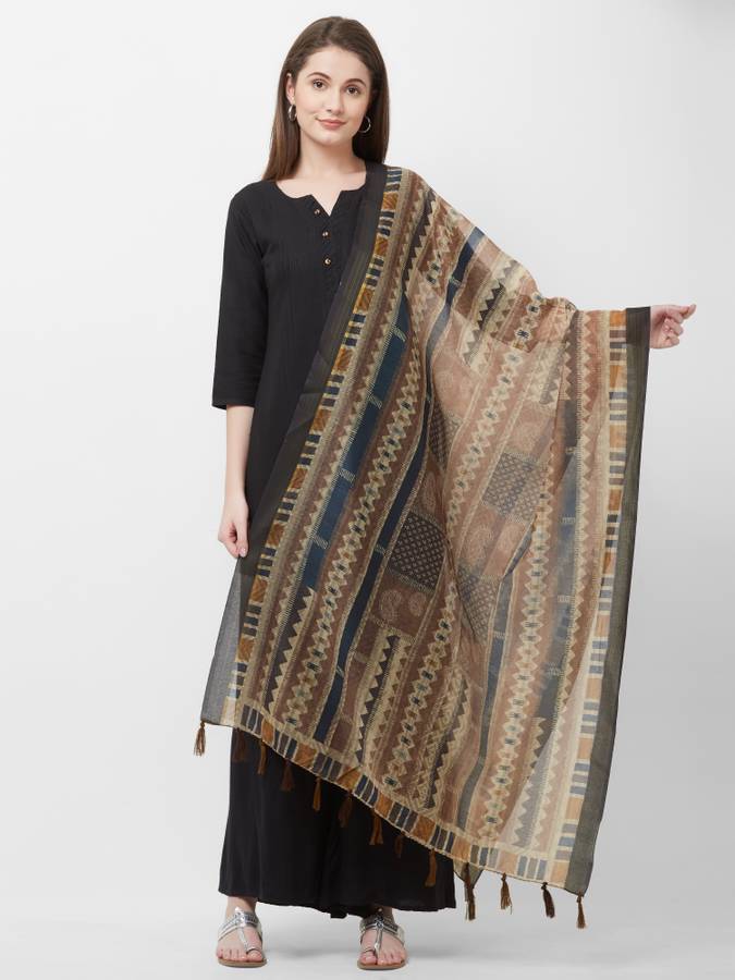 Silk Blend Printed Brown, Blue Women Dupatta