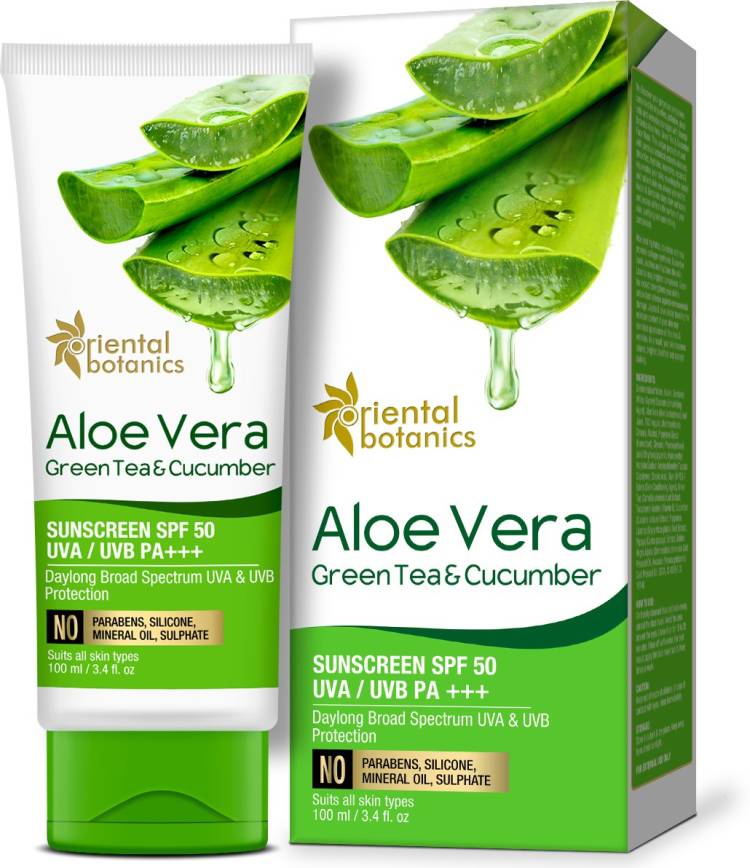 Oriental Botanics Aloe Vera, Green Tea & Cucumber Sunscreen SPF 50 UVA/UVB PA+++ - SPF 50 PA+++ Price in India