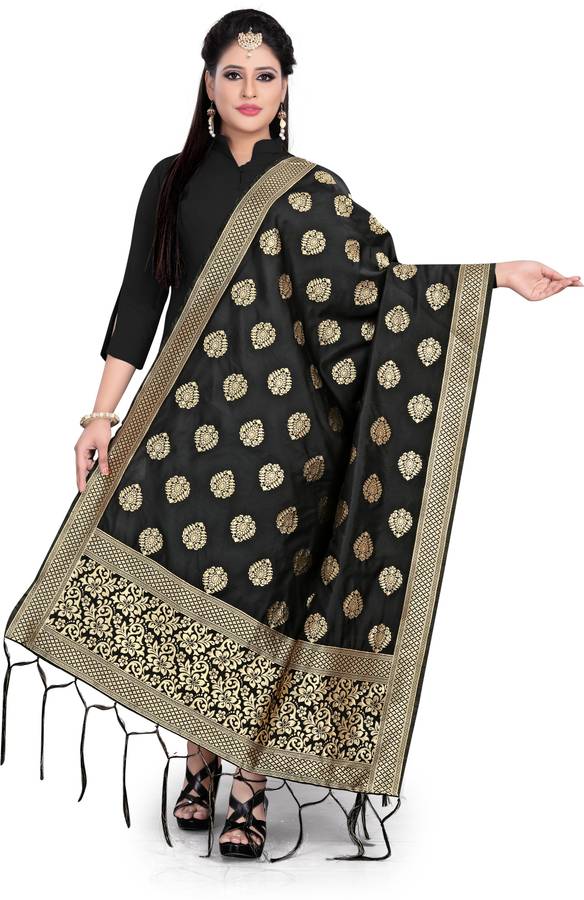 Cotton Blend, Art Silk Woven Gold, Black Women Dupatta