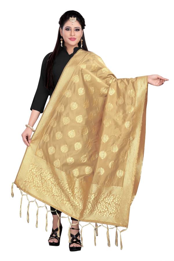 Cotton Blend, Art Silk Woven Gold, Beige Women Dupatta