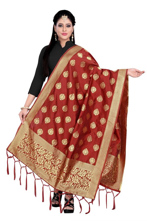 Cotton Blend, Art Silk Woven Red, Gold Women Dupatta