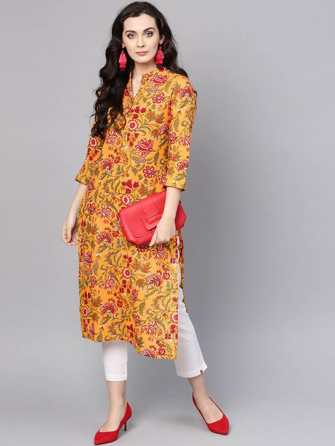 Women Floral Print Cotton Blend Straight Kurta