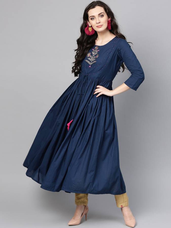 Women Embroidered Cotton Blend Flared Kurta