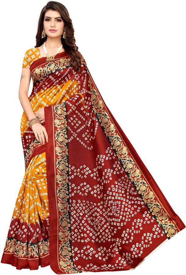 Printed, Geometric Print Bandhani Poly Silk, Cotton Silk Saree