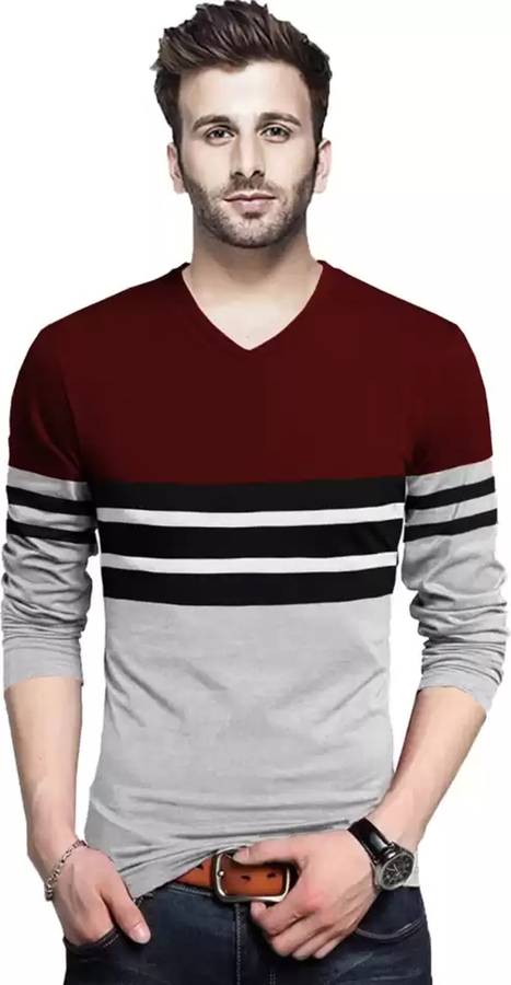 Striped Men V Neck Maroon, Grey T-Shirt Price in India