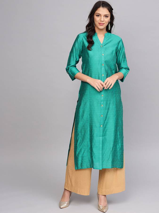 Women Woven Design Art Silk Straight Kurta