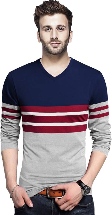 Color Block Men V Neck Dark Blue, Grey T-Shirt