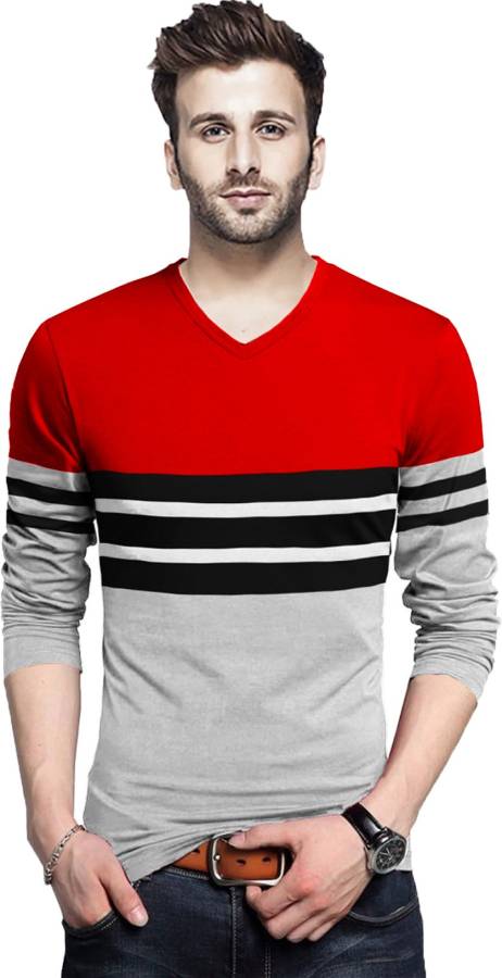 Striped Men V Neck Red, Grey T-Shirt Price in India