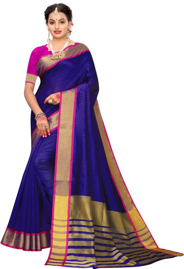 Striped, Woven, Embellished Banarasi Poly Chanderi, Cotton Silk Saree