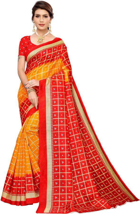 Printed, Geometric Print, Checkered Bandhej Silk Blend, Poly Silk Saree