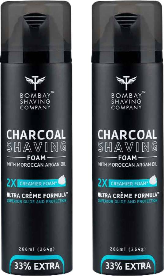 Bombay Shaving Company Activated Charcoal Shaving Foam with Moroccan Argan Oil, 2X Creamier for Superior Glide and Protection, 2 x 266 ml (33% Extra, Value Pack of 2)