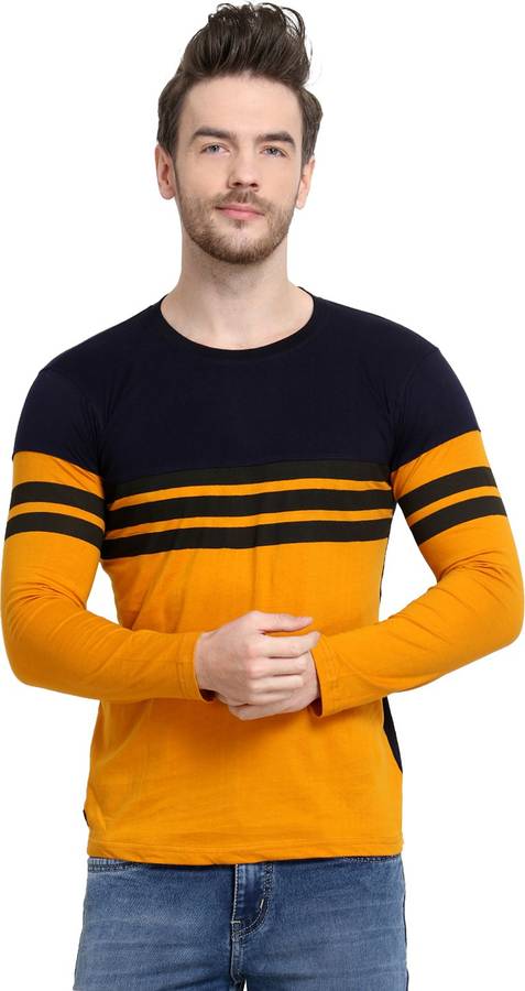 Striped Men Round Neck Black, Yellow T-Shirt