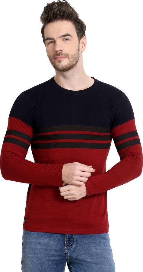 Striped Men Round Neck Maroon, Black T-Shirt Price in India