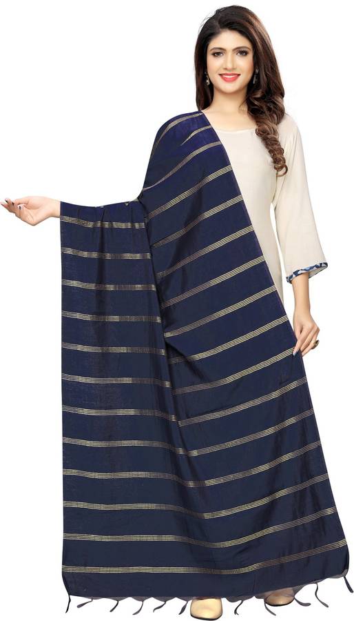 Cotton Silk Striped, Woven, Embellished Dark Blue Women Dupatta