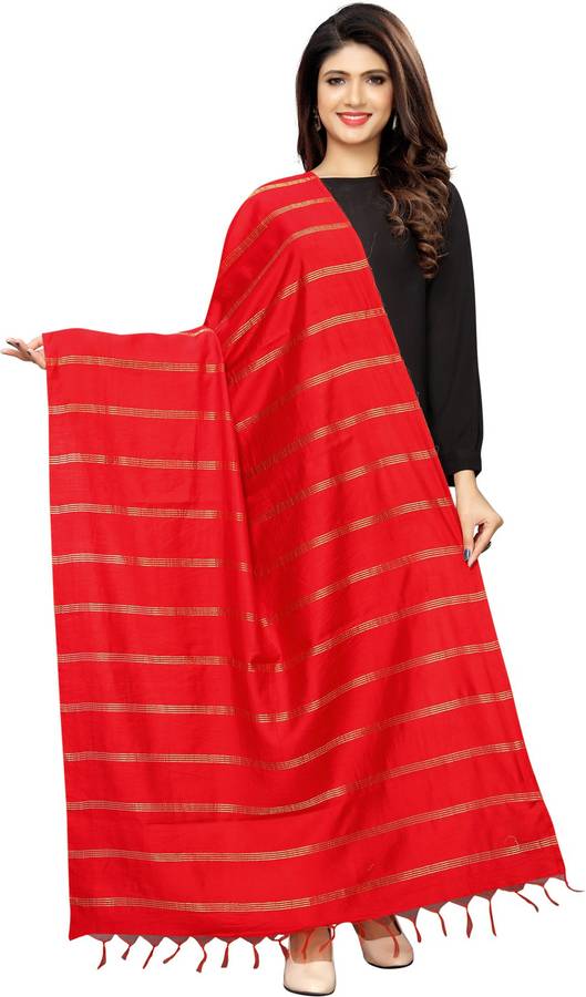 Cotton Silk Striped, Woven, Embellished Red Women Dupatta