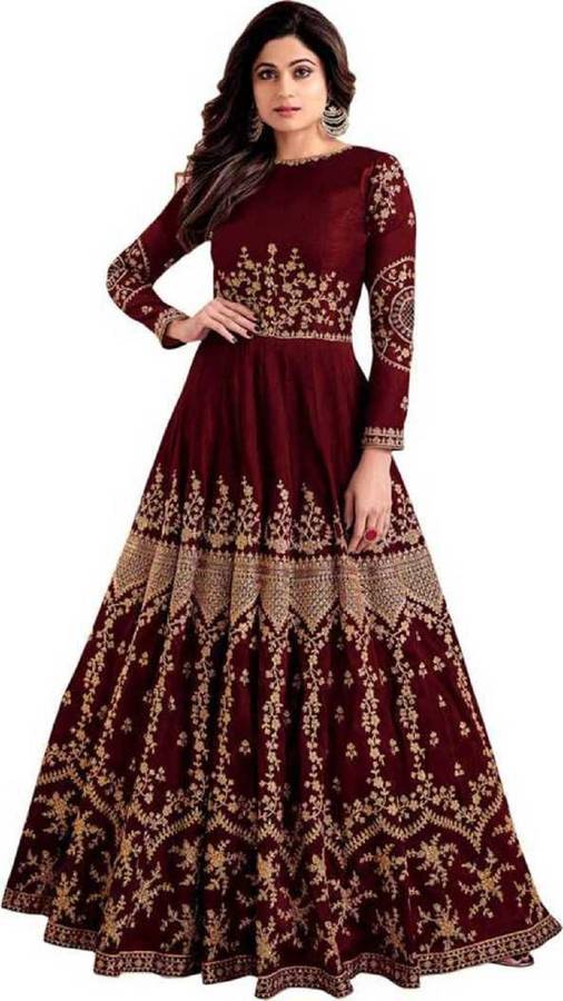 Women Gown Maroon, Gold Dress