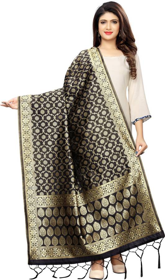 Pure Silk, Polycotton Woven, Embellished Black Women Dupatta