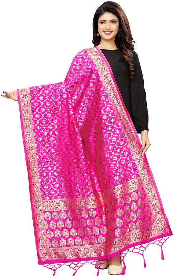 Pure Silk, Polycotton Woven, Embellished Pink Women Dupatta