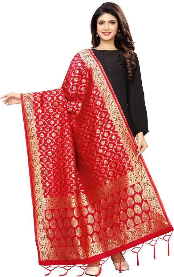 Pure Silk, Polycotton Woven, Embellished Red Women Dupatta