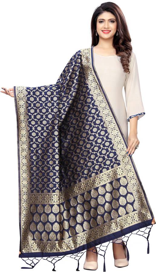 Pure Silk, Polycotton Woven, Embellished Dark Blue Women Dupatta