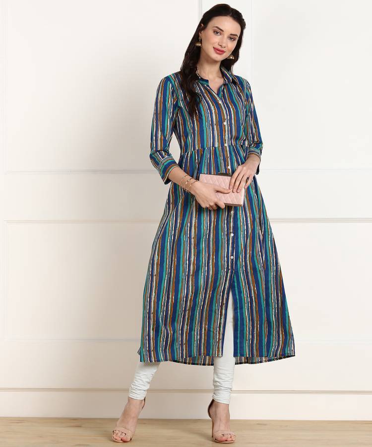 Women Striped Cotton Blend A-line Kurta