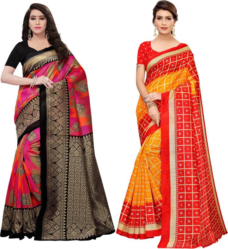 Printed, Geometric Print, Checkered Kanjivaram Poly Silk Saree