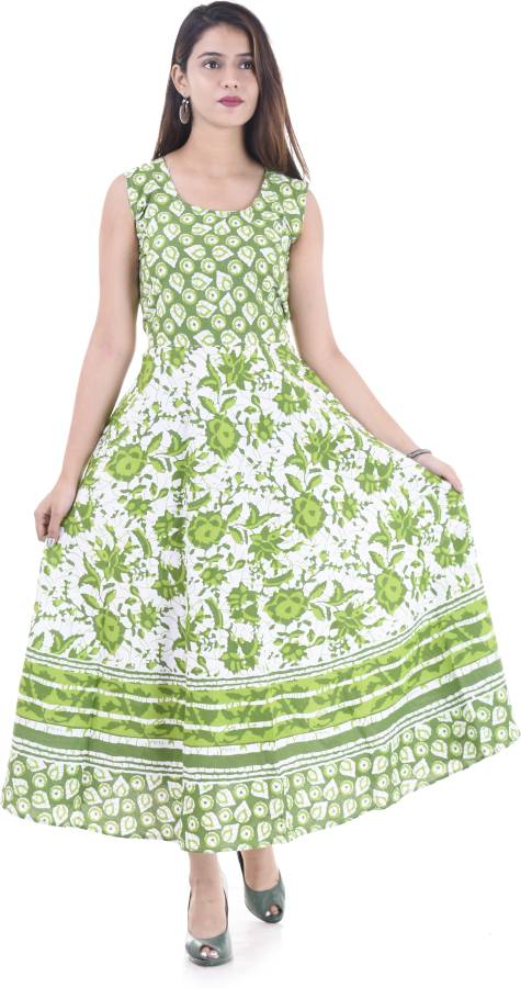 Women Maxi Green, White Dress